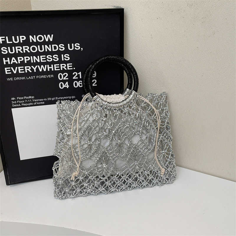 Gold and Silver Thread Shiny Rope Mesh Hollow Woven Bag Mori Style Large Capacity Handbag Tote Summer Beach Women's Bag 250615