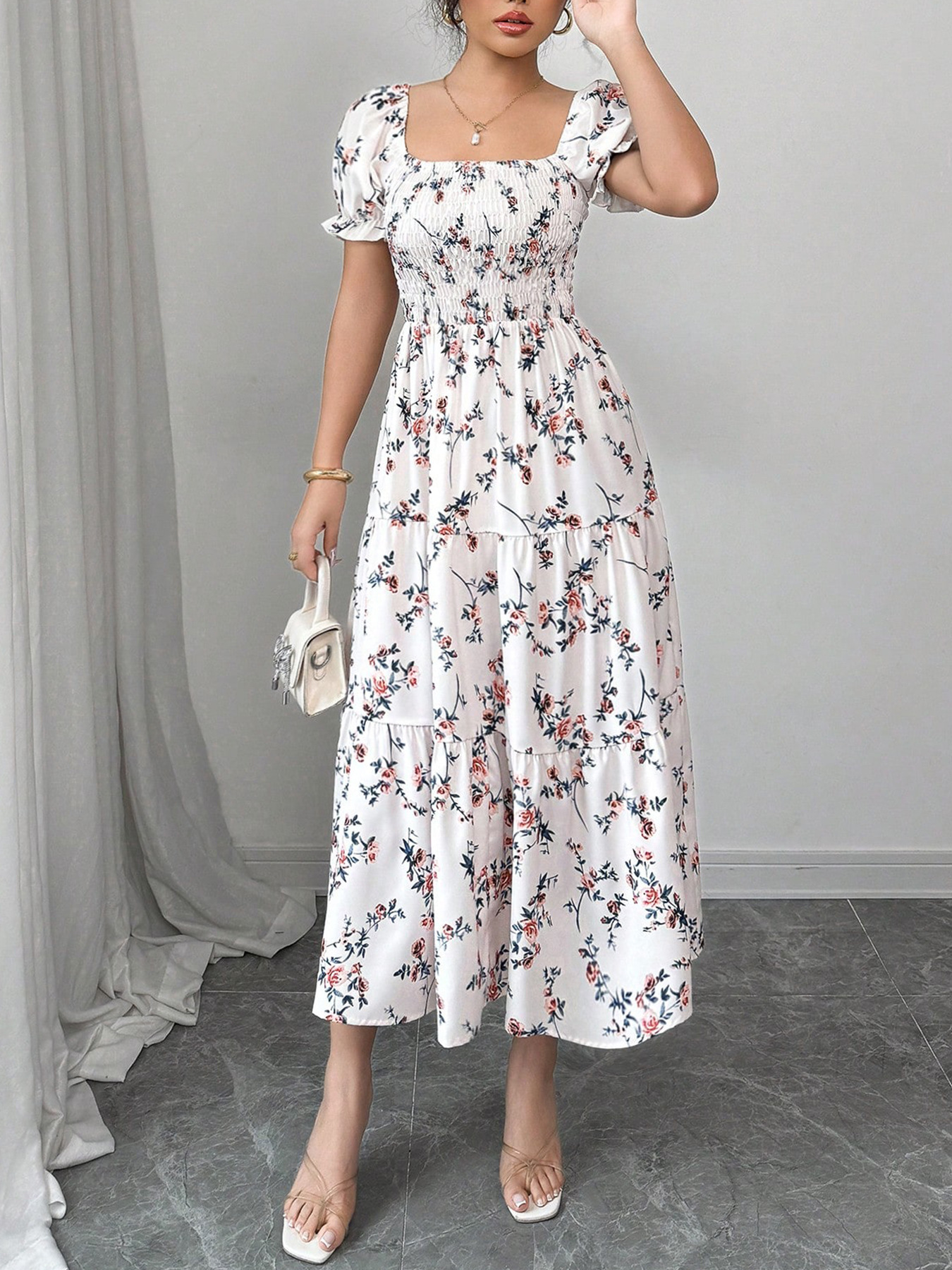 P612Ladies new French style puff sleeve floral print maxi dress