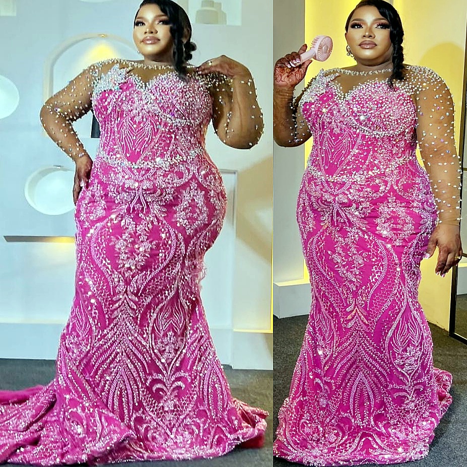 Fuchsia Mermaid Prom Dresses 2025 Crystals Sequined Lace Sparkly Evening Formal Party Second Birthday Engagement Gowns Plus Size Dress For Special Occ