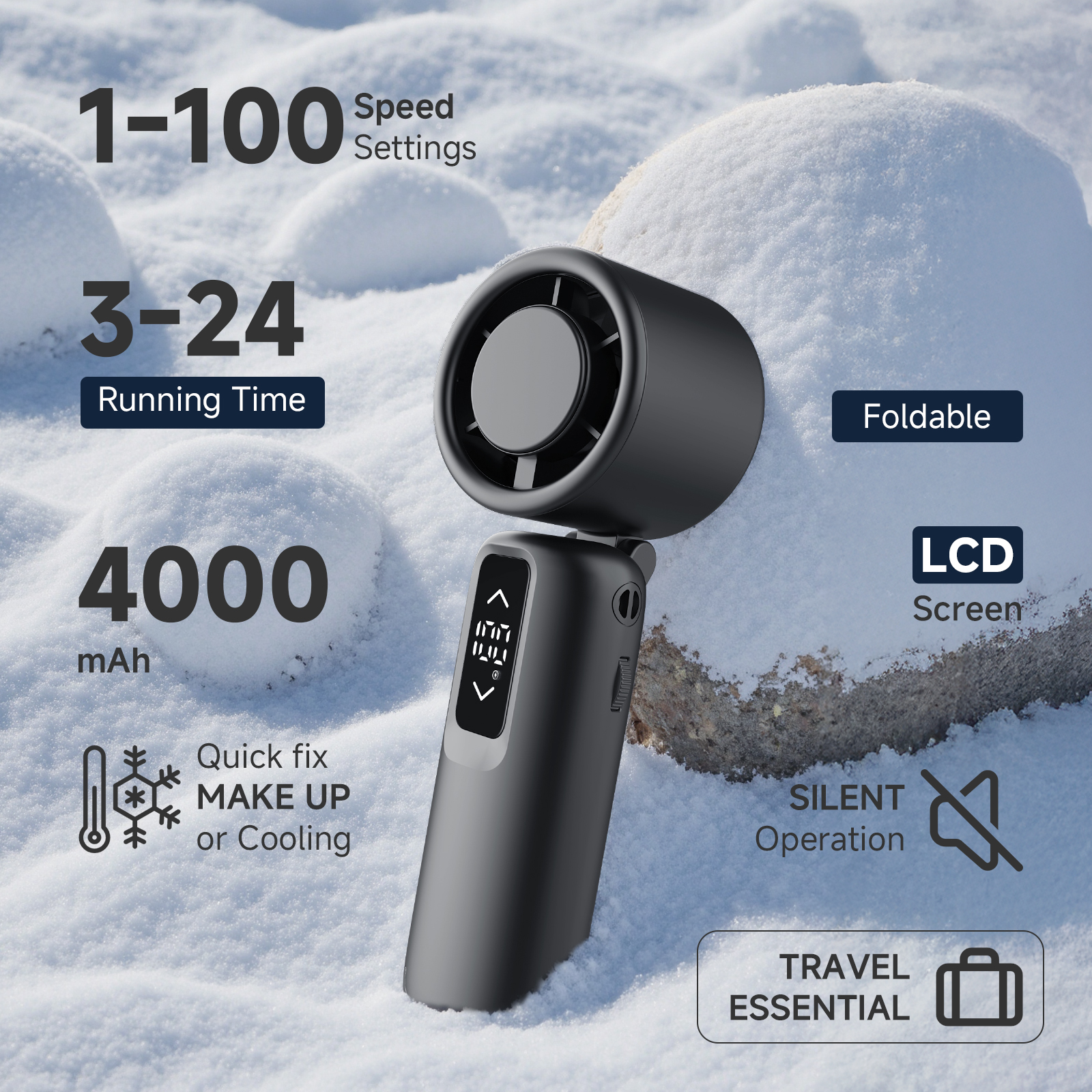 Portable Handheld Fan with LCD Display - 1-100 Speed Settings, 4000mAh Rechargeable Battery, Foldable Design for Travel, Outdoor & Office Cooling