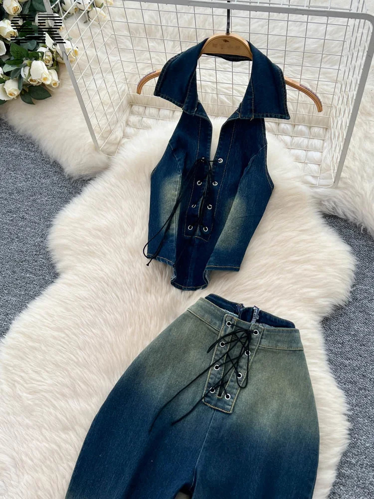 SINGREINY Women Retro Denim 2pcs Sets Halter Sleeveless TopsSkinny Lace Up n Jeans Female Gradient Streetwear Chic Outfits 250612