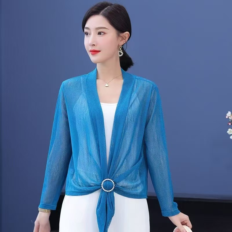 K1009 Spring and autumn thin ice silk mesh cardigan summer with skirt sunscreen shawl small outer tops for women