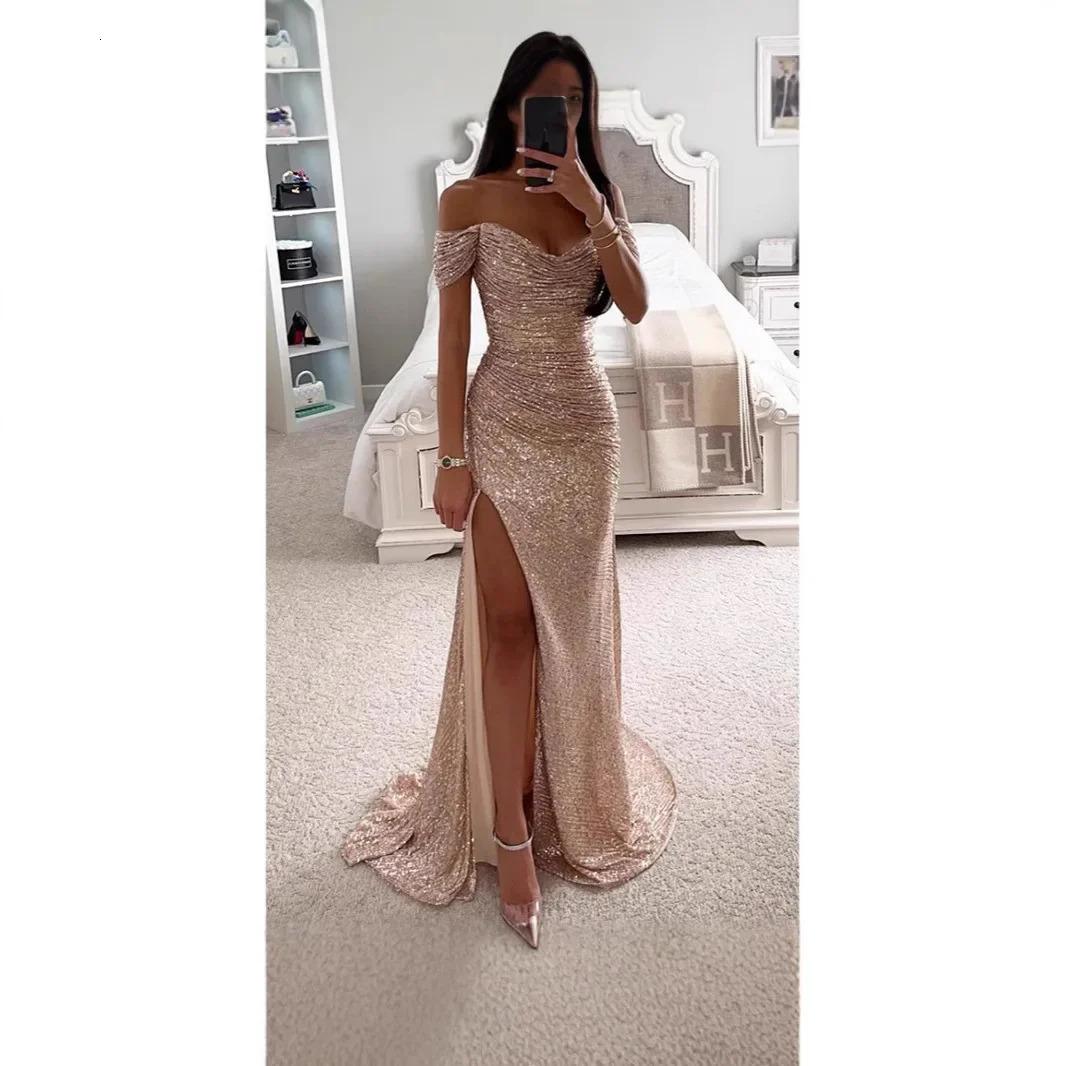 Sexy Side Slit Ballgown Shiny Sequins Womens Dress Independent Station Polyester Borderless Flashing Lightweight Fashion 250611