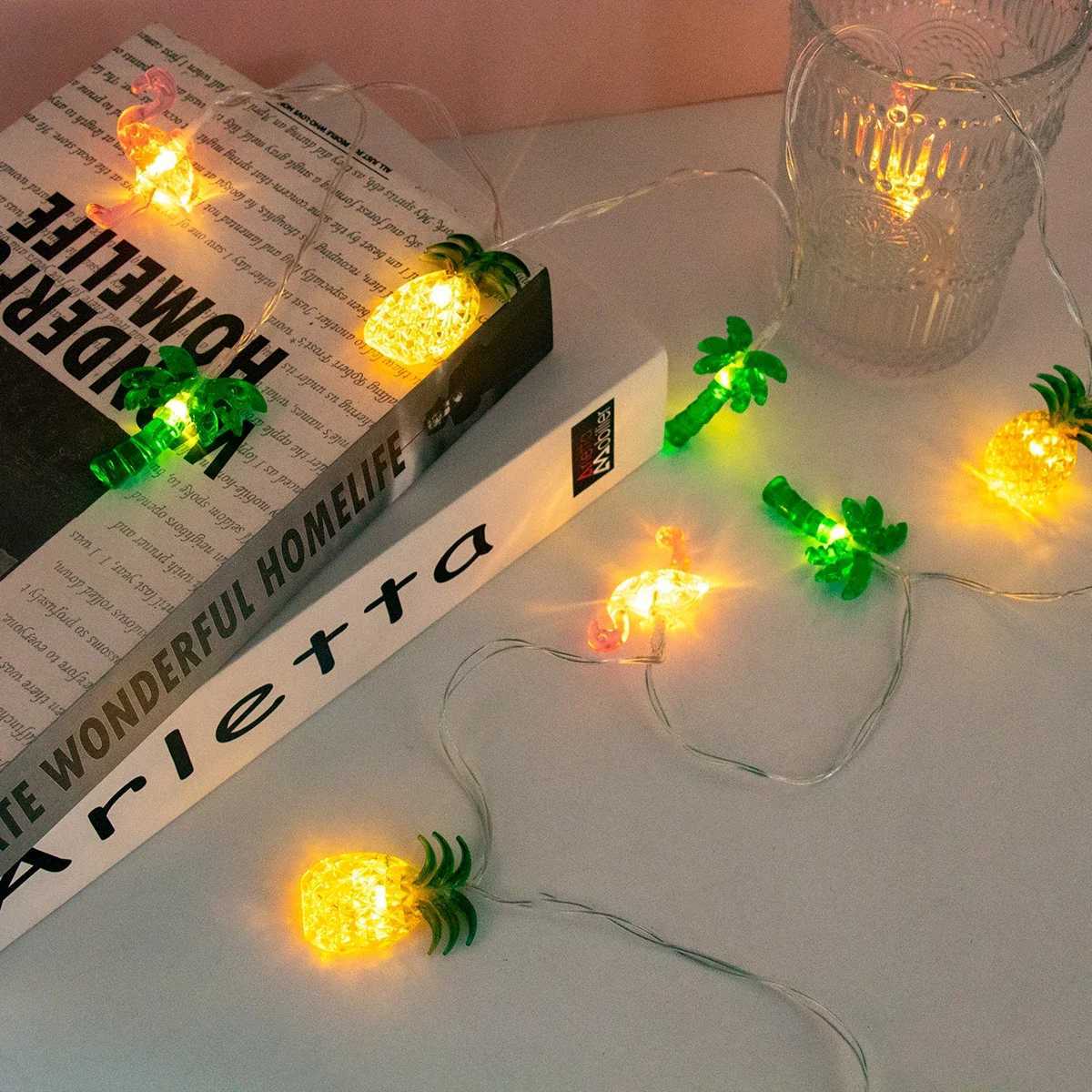 1PC 10/20 LED Flamingo Pineapple Palm Tree String Lights Battery Operated Tropical Beach Hawaiian Fairy Atmosphere Lights XJ250612