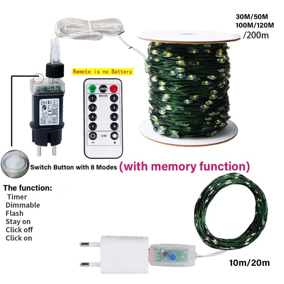 10m-200m LED String Lights Outdoor Green Copper Wire Fairy Lights Garland For Tree Terrace Patio Yard Garden Party Decoration XJ250612