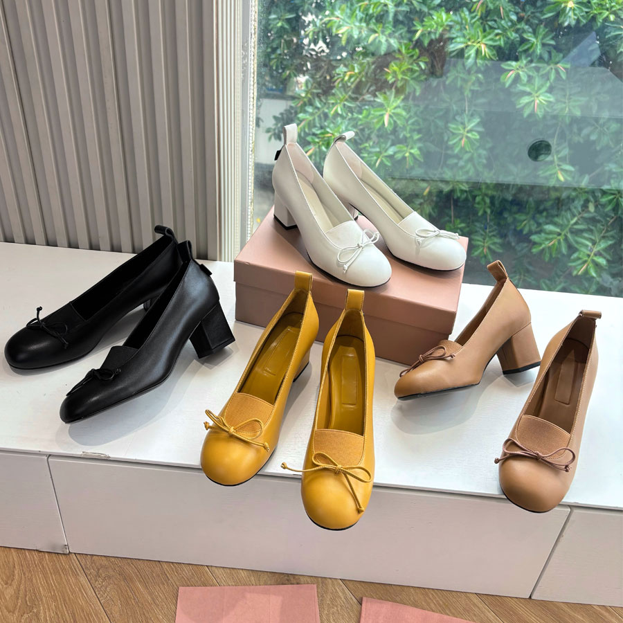 High quality pumps Bow Chunky heel sandal Dress shoes High heels slip on shoes Luxury designer shoes Office Evening shoes Real leather shoes