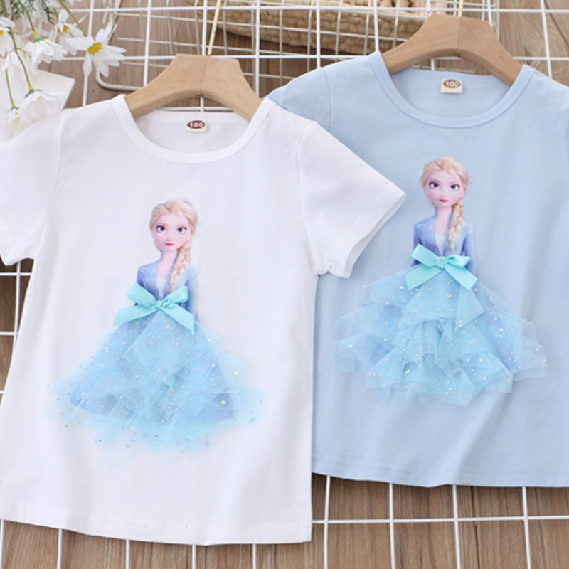 DISNEY Frozen Princess Elsa Girl's T-shirt Princess print design holiday outfit soft and comfortable Little girl's top with label-free desig