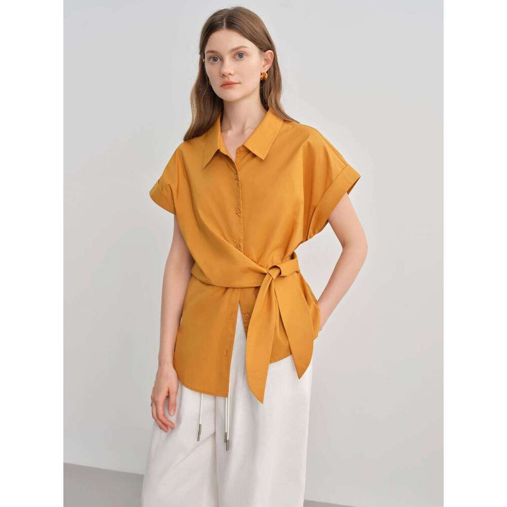 DUSHU Plus-Size Women's Laid-Back Buckle Short Sleeve Blouse - Summer Turned-Up Collar Fitted Waist Slimming Shirts 25Ds82750