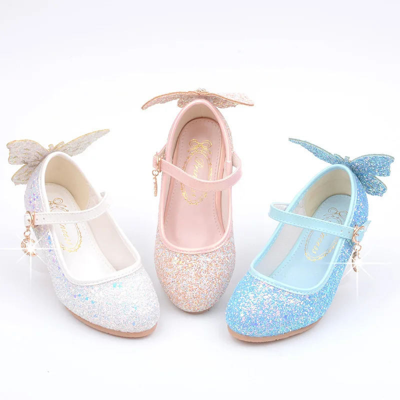 Kids Leather Shoes Fashion Fringed Butterfly Knot Girls Princess Shoes Casual Glitter Children High Heel Student Dance Shoes 250613