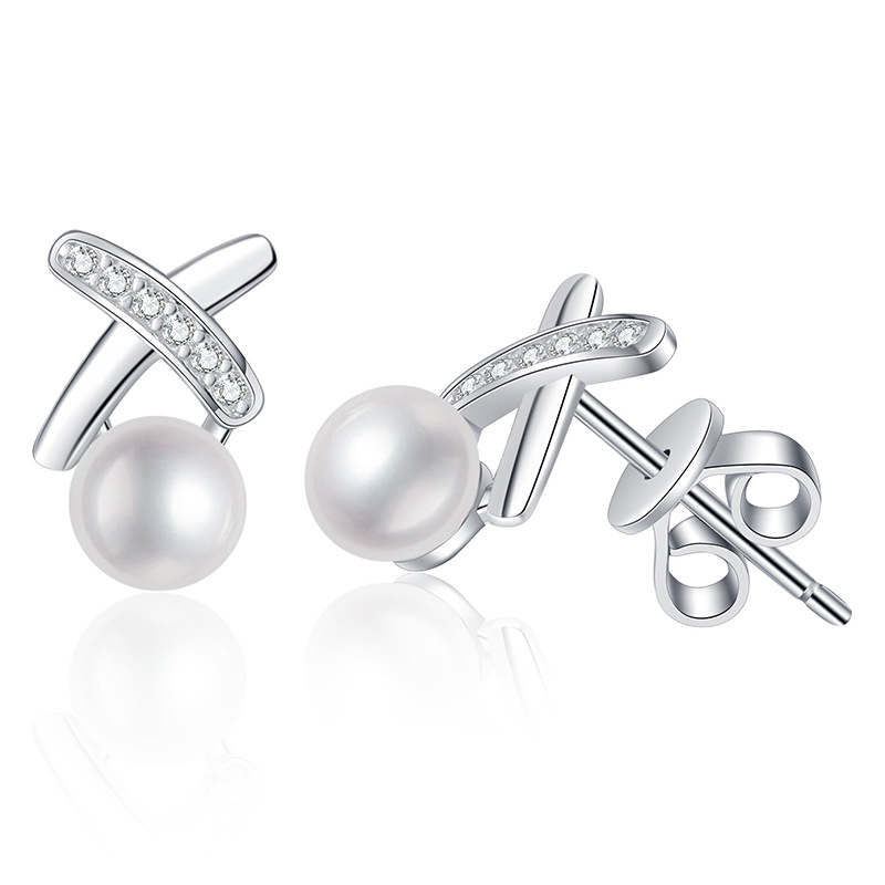 S925 Sterling Silver Earrings, Freshwater Pearl Stud Earrings, Women's Korean Style X-Shape D-Color Moissanite Studs, Fashion High-End Earrings, 