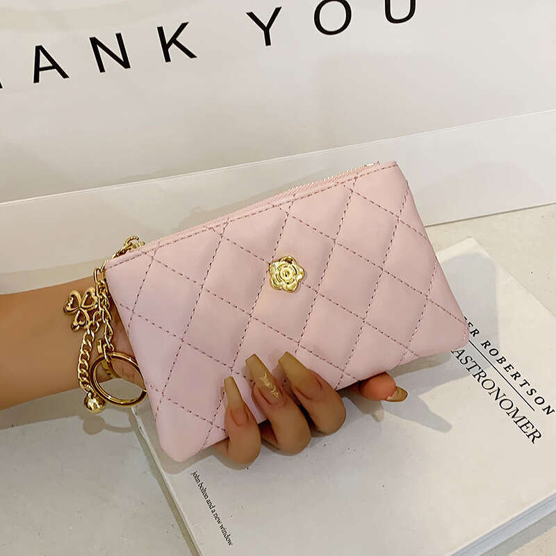 small Wallet for Women, Short and Thin, New Driving License Key Holder Card Clip, Camellia Quilted Zipper Coin Purse