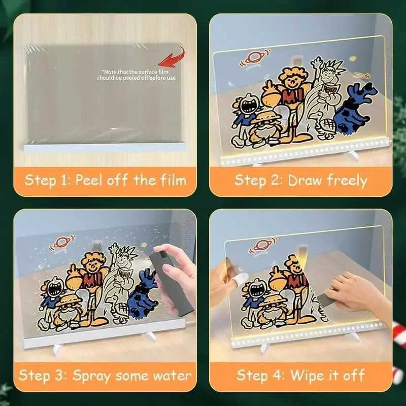 Acrylic Clear Light Up Drawing Board Glow Memo LED Rewritable Message Board Kids DIY Toys with 7 Color Markers Pen and Stand L250612