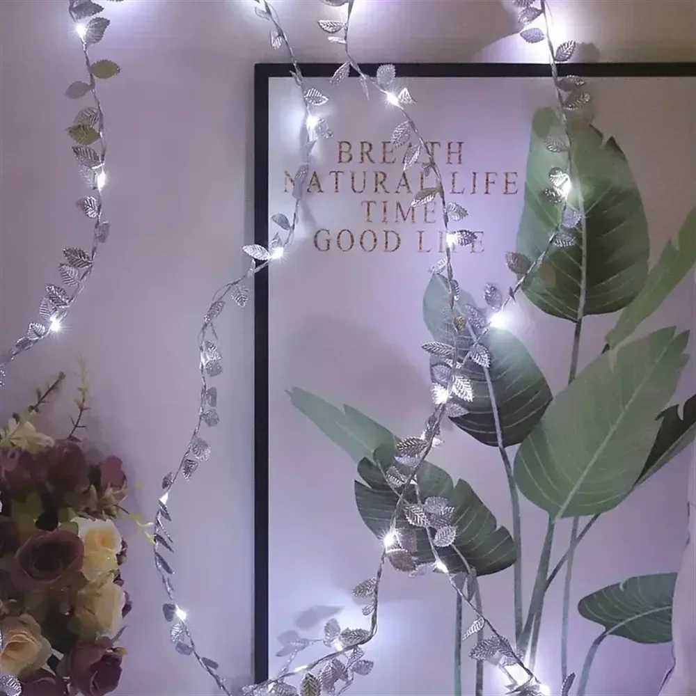 Golden Silver Tiny Leaves Fairy Light 20/50/100 LEDs Battery Powered Artificial Plant Garland Vine Lights For Wedding Home Party XJ250612