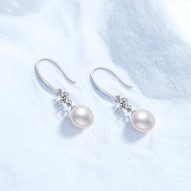 S925 Sterling Silver Stud Earrings with Moissanite and Natural Freshwater Pearls, Women's Versatile Elegant Earrings, Cross-Border Jewelry Wholes
