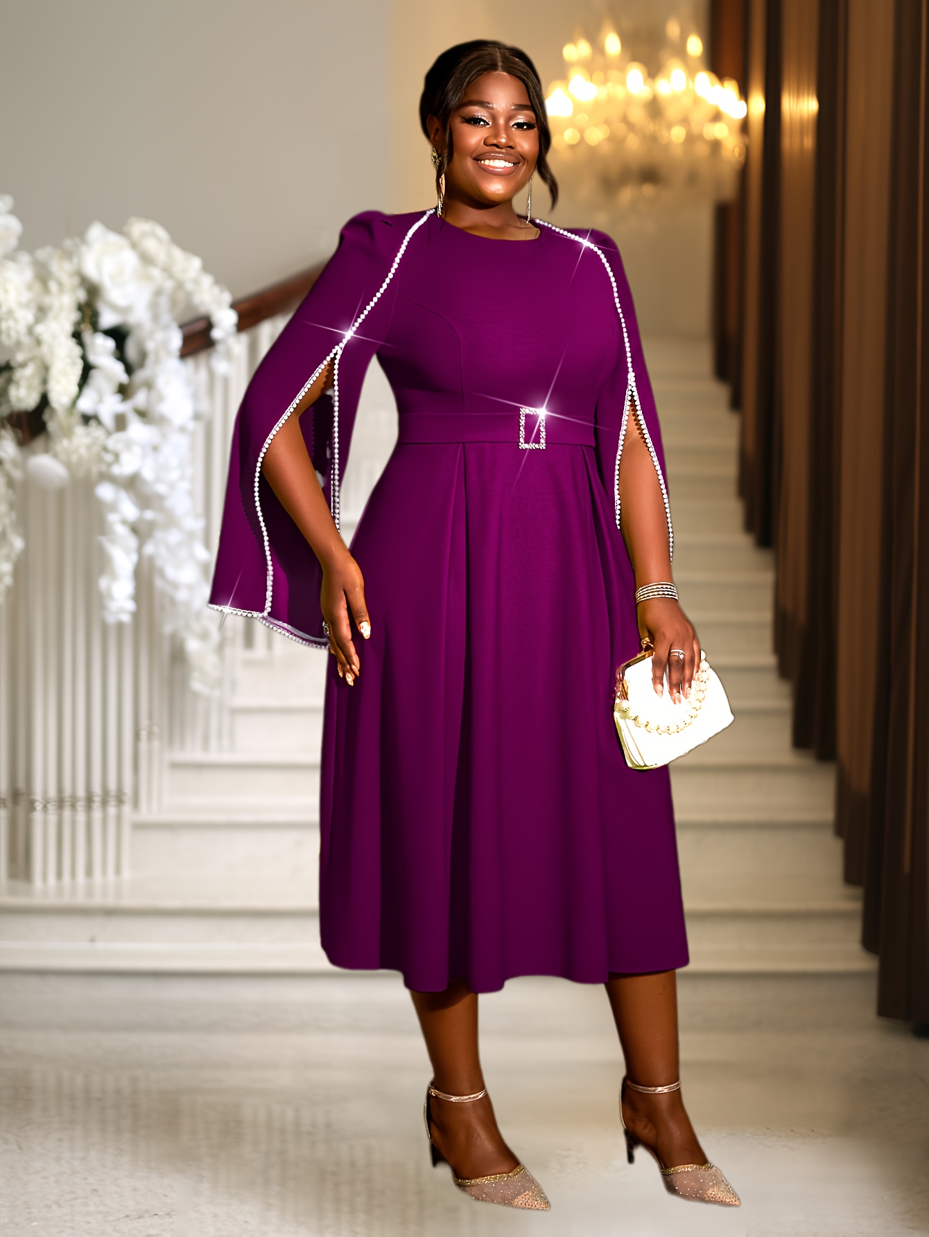 Fashion Party Wedding Dress For Woman Beading Cloak Sleeve Waist Belt Elegant A-line Formal Wear