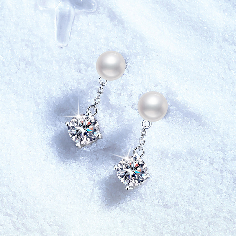 S925 Sterling Silver Stud Earrings, Natural Freshwater Pearls with 1-Carat Moissanite, Classic Four-Prong Design, High-End Earrings for Women, Wholesa