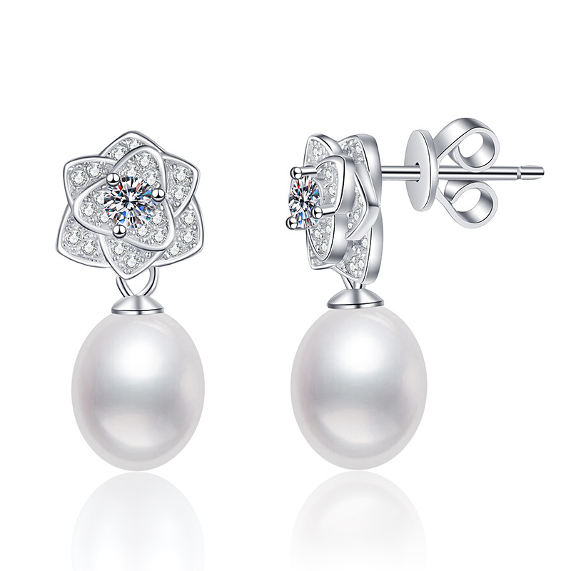 Moissanite Stud Earrings S925 Sterling Silver with Natural Freshwater Pearls, Camellia Flower Design, High-End Fashion Earrings for Women, Wholesale