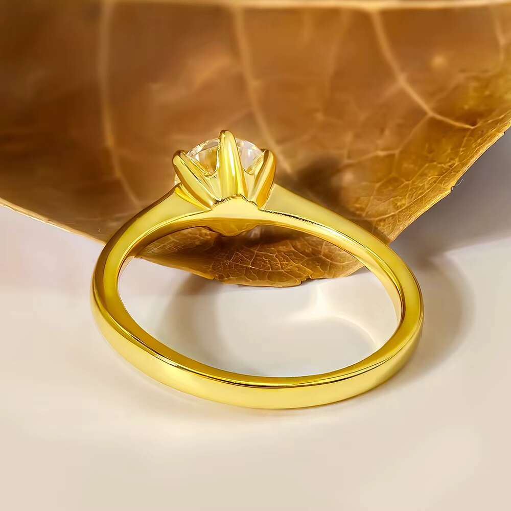 FOXI 18k Gold Plated Ring Six Prong Solitaire Round Brilliant Engagement Ring GRA 925 Sterling Silver Moissanite Wedding Ring