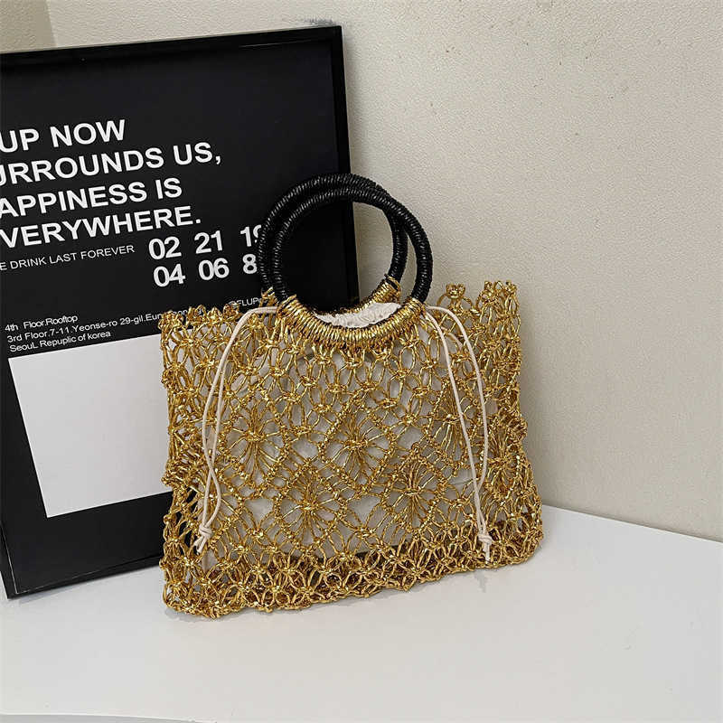Gold and Silver Thread Shiny Rope Mesh Hollow Woven Bag Mori Style Large Capacity Handbag Tote Summer Beach Women's Bag 250615