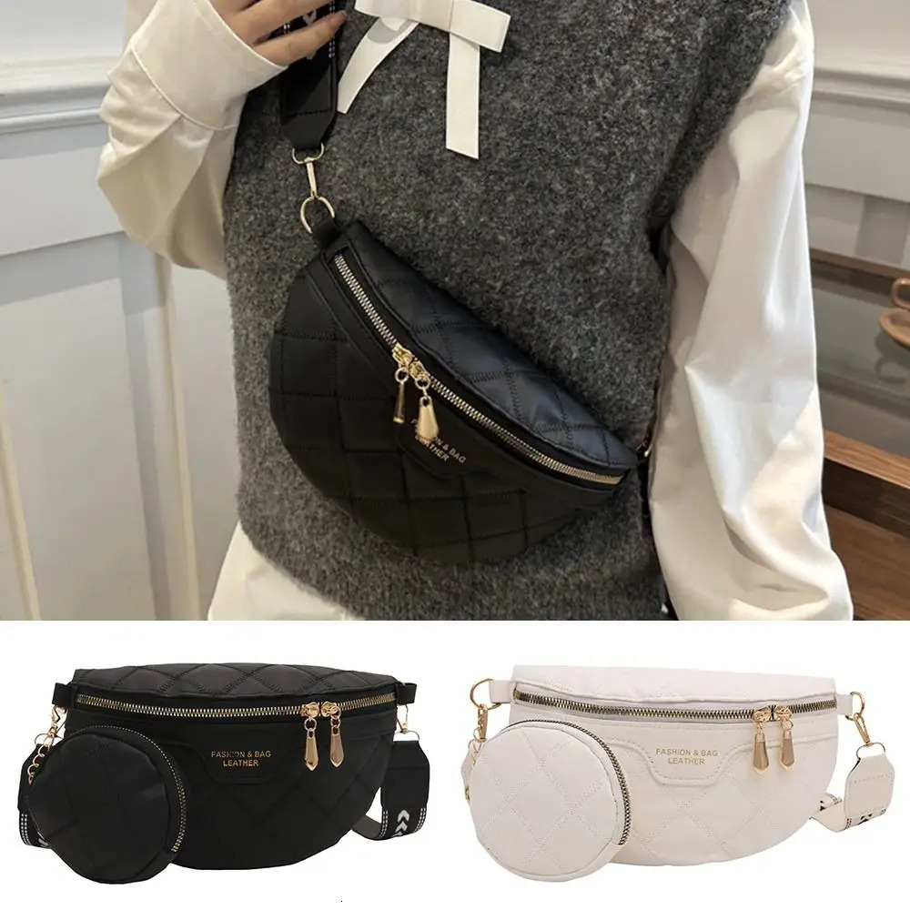 PU Leather Crossbody Chest Bag Stylish Chain Zipper Wide Strap Shoulder Bag Woven Lattice Pattern Waist Belt Bags For Women 250612