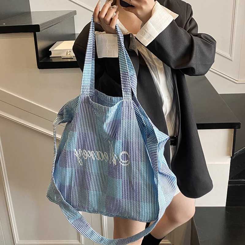 2025 Summer New Trends Striped Plaid Tote Bags For Women Cotton Fabric Letter Prints Large Capacity Shoulder Shopper Student Bag M250613