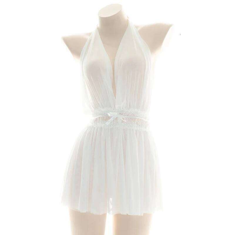 Sexy Chiffon Halter Dress for Women, Deep V-neck Pajamas, Uniform, Transparent Nightdress, Lingerie Costume with Temperament