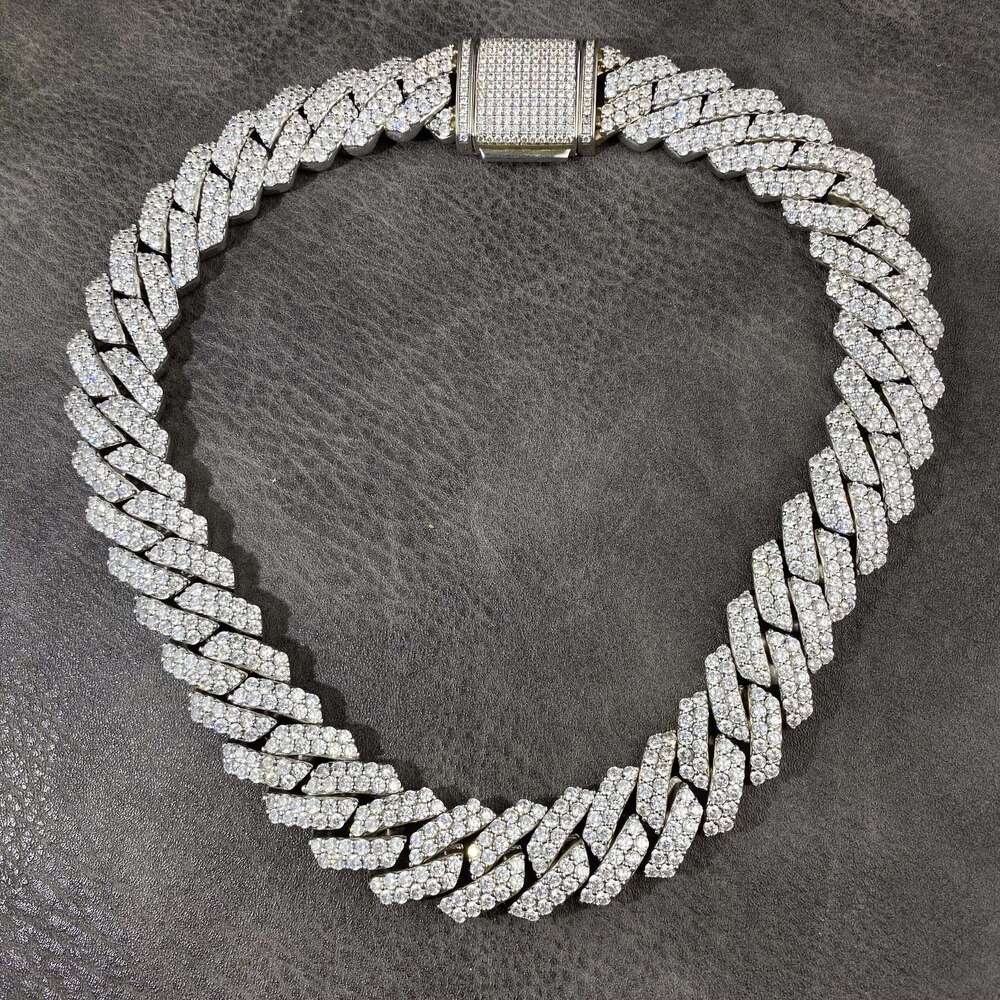 OACOCA 19mm 2rows VVS Moissanite S925 Sterling Silver Prong Cuban Link Chain Necklace for Men