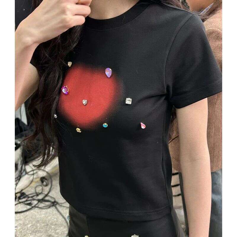 hoodie Women's Wear Y2k Hot Girl Heartbreak Diamond Short Sleeve Slim Fit Base Shirt American Style Gradient Round Neck T-Shirt Ins jacket