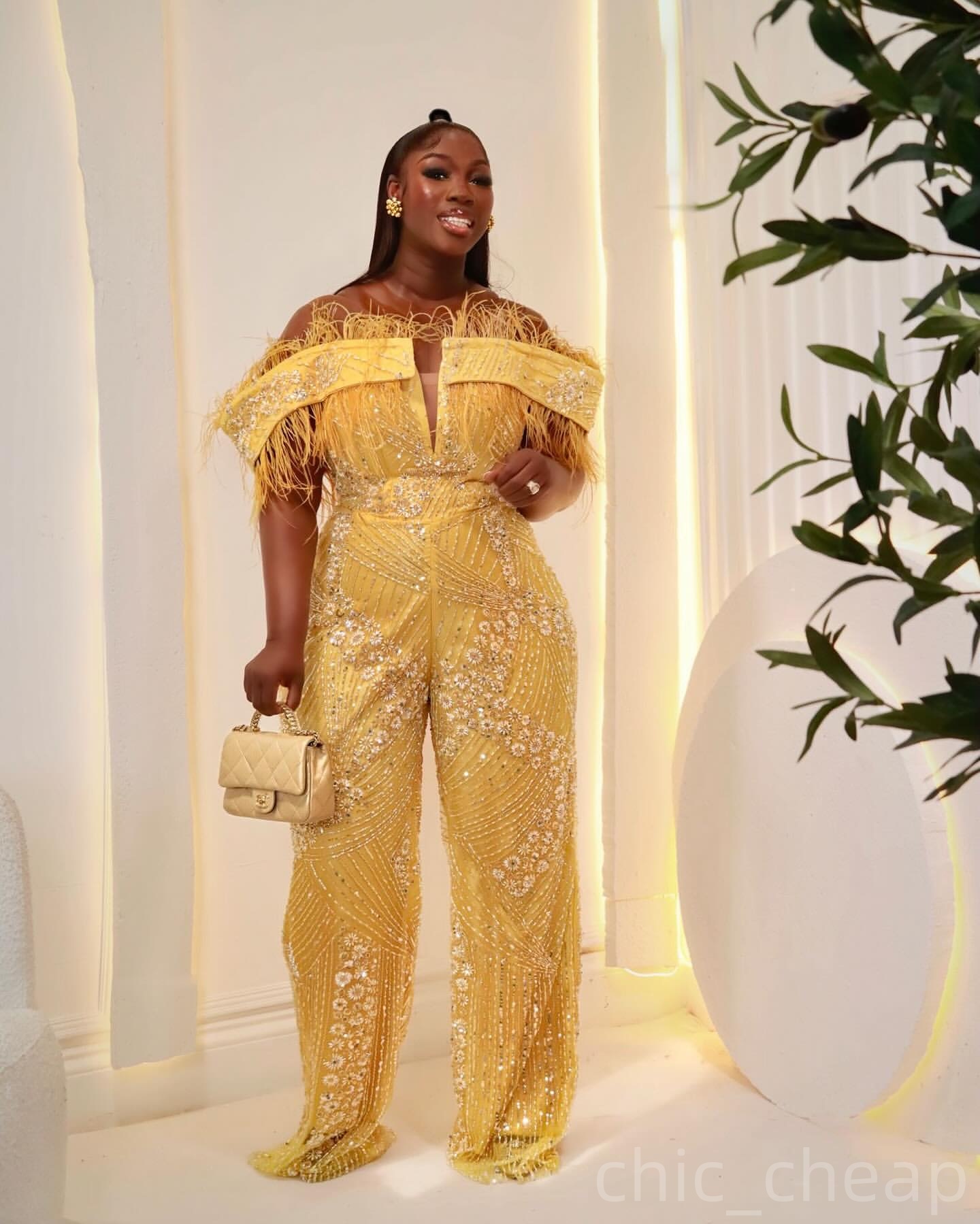 Yellow Sheath Prom Jumpsuits Dresses 2025 Sequined Feather Evening Formal Party Second Birthday Engagement Gowns Plus Size Dress For Special Occasions