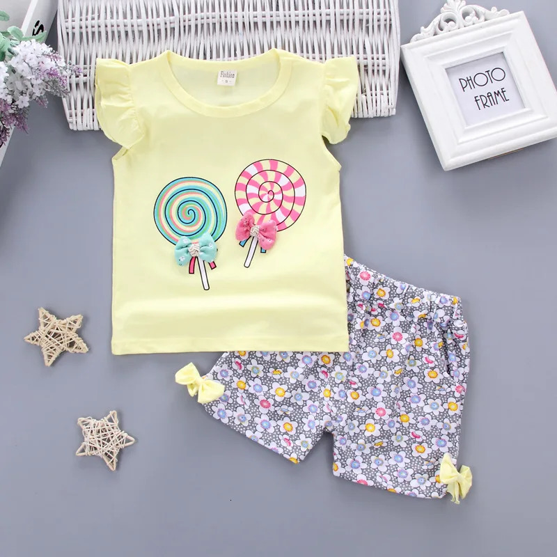 1Set Summer Baby Girls Clothes Sets for Kid T-shirt TopShort Pant Clothes Set Toddler Girl Lollipop Printed Infant Clothing Set 250613