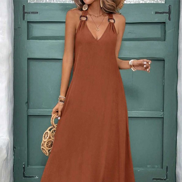 Basic casual dress; V-neck with shoulder straps long dress; women's summer bohemian sleeveless dress for beach travel party wear