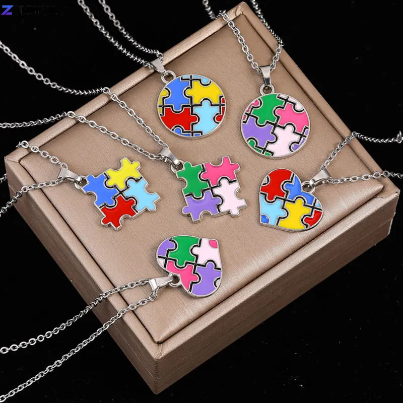 50cm Stainless Steel Chain Necklace Autism Awareness Puzzle Pendant Necklaces For Women Gilrs Fashion Jewelry 250610