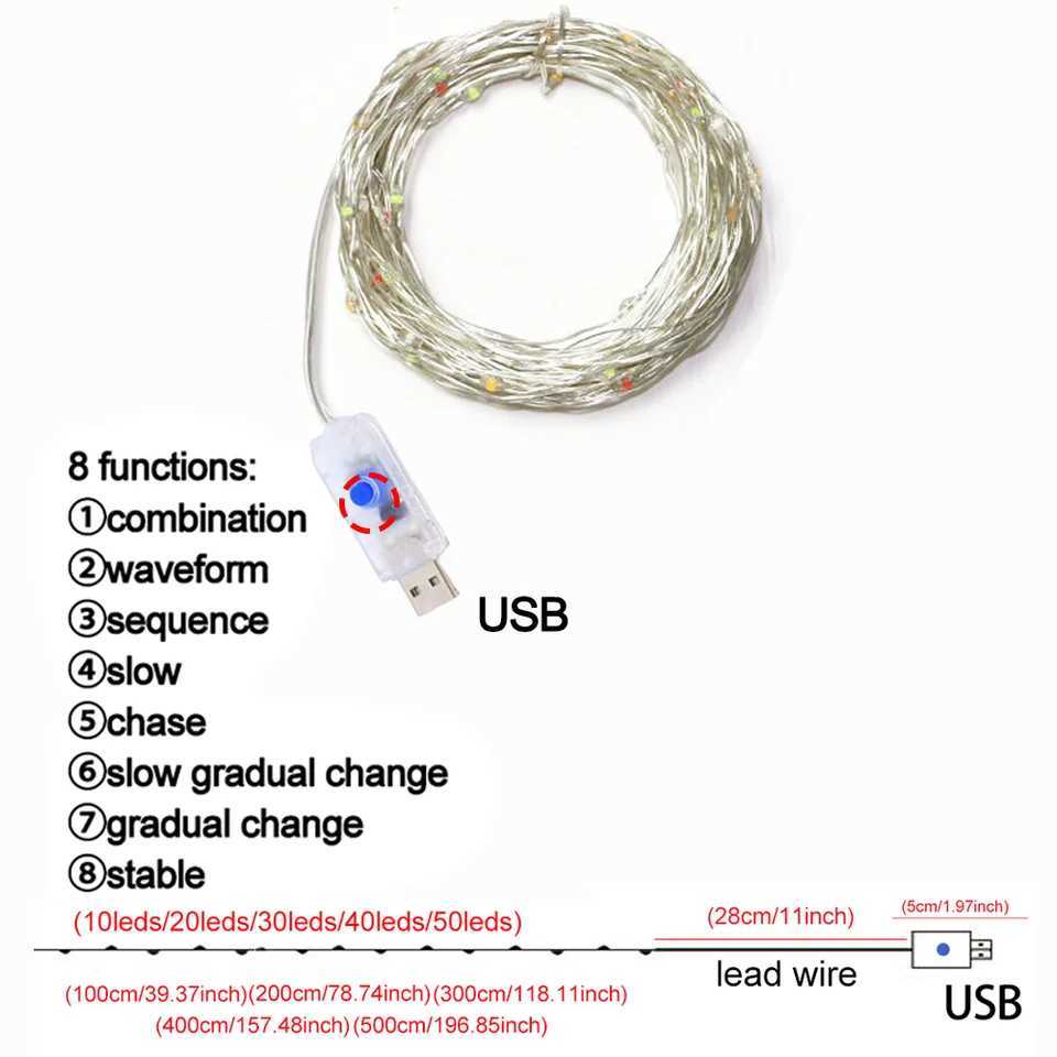 LED Copper Wire String Lights USB 8 modes Waterproof Fairy Lights Outdoor Garland DIY Christmas Wedding Party Decoration Lamp XJ250612