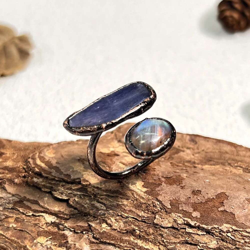 Natural Black Tourmaline Blue Crystal Labradorite Irregular Adjustable Open Personality Ring