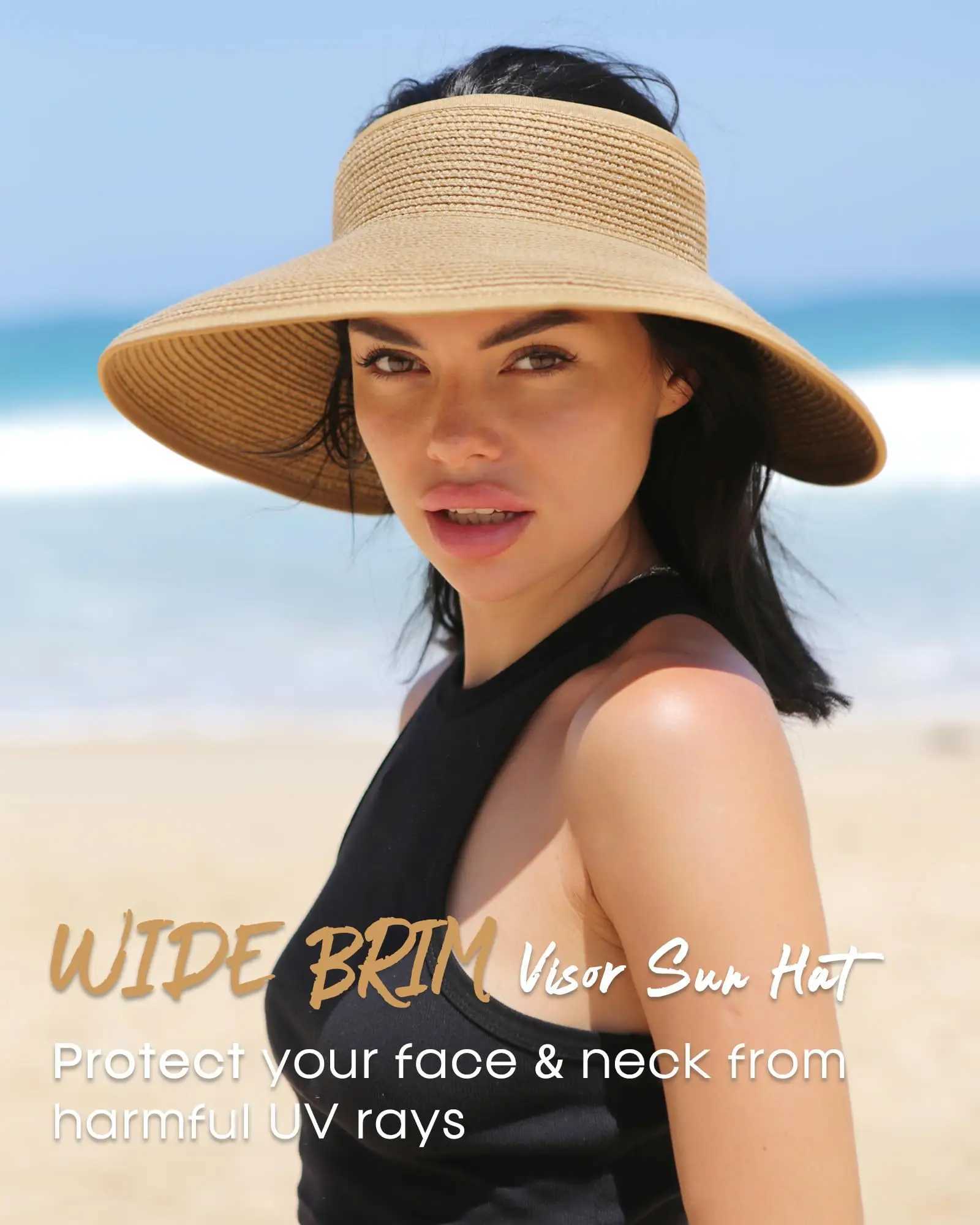 Womens Wide Brim Straw Sun Visor Hat with Ponytail Hole - High UV UPF Protection Packable Foldable - Ideal for Summer Beach U250613