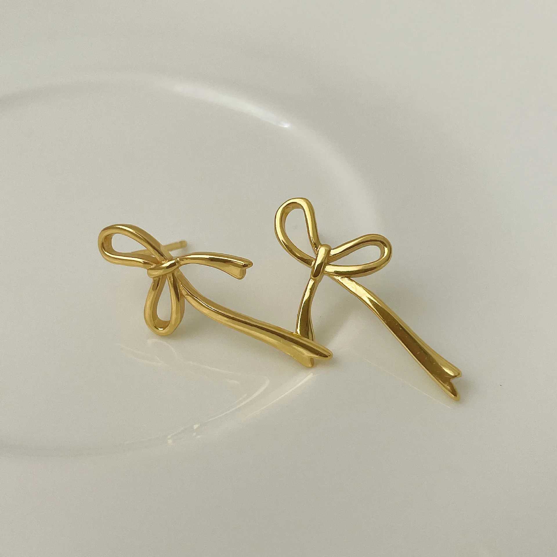 18K Gold Plated Y2K Bow Earrings For Women Stud Nail Fashion Cute Jewelry Piercing Ear Accessories Christmas Gift Aretes M250613
