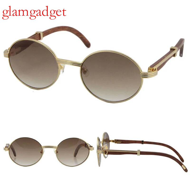 Wholesale Gold Vintage Wood Sunglasses Fashion Metal frames real Wooden For men 7550178 oval Size57 or 55 high quality lenses Dia Cat Glasses