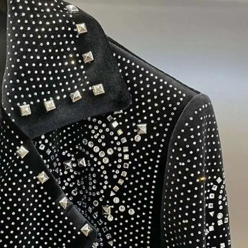 High Quality Paisley Heavy Industry Rhinestones Men Jacket Coat Drill Punk Club Outfit Jacket Jaqueta Bomber Diamond Black 250611