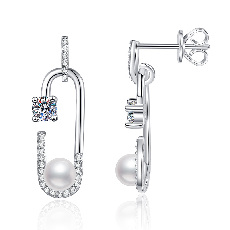 S925 Sterling Silver Stud Earrings with Moissanite and Natural Freshwater Pearls, High-End Personalized Earrings, Women's Fashion Stud Earrings, 