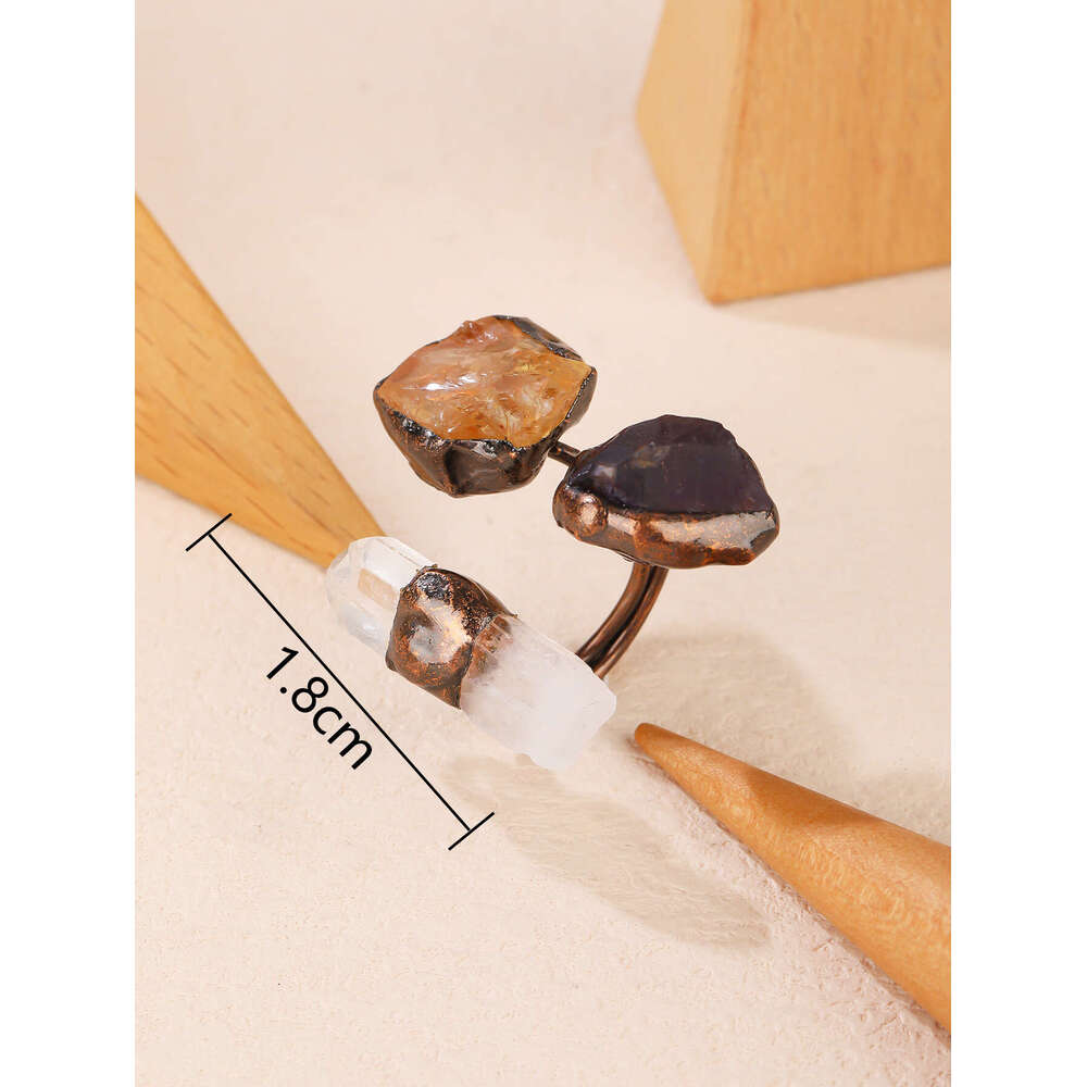 Dark Niche Crystal Raw Stone Handmade Welded Antique Bronze Plated Women's Party Gift Punk Rock Ring