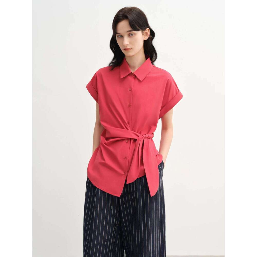 DUSHU Plus-Size Women's Laid-Back Buckle Short Sleeve Blouse - Summer Turned-Up Collar Fitted Waist Slimming Shirts 25Ds82750