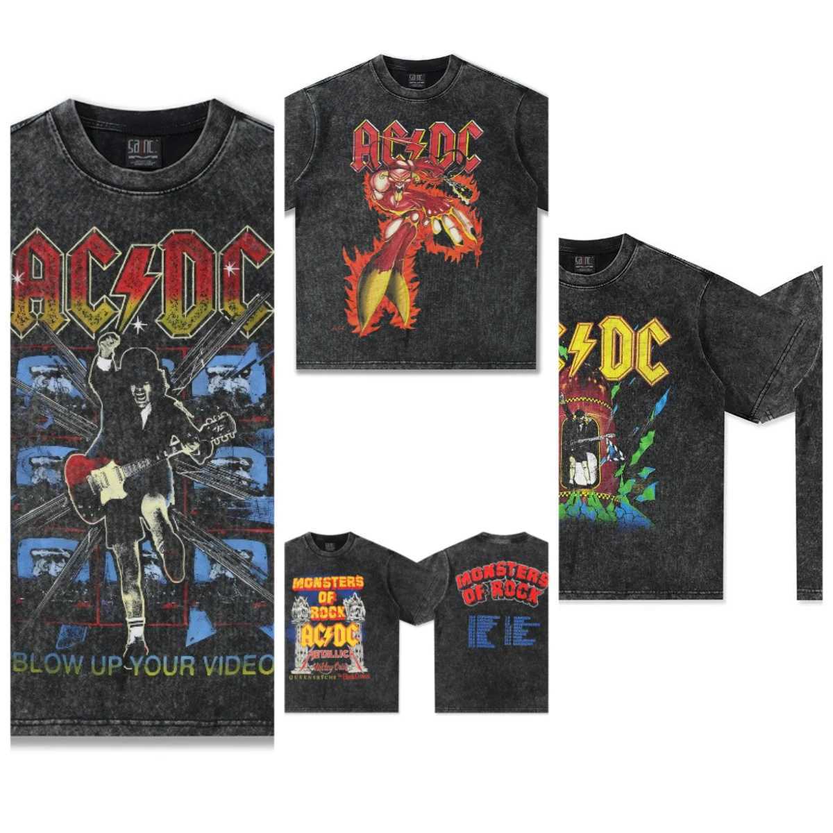 2025 Spring and Summer New ACDC Rock Vintage Short-sleeved T-shirt Men Women American Retro Heavy Washing Old Pure Cotton Tide X250613
