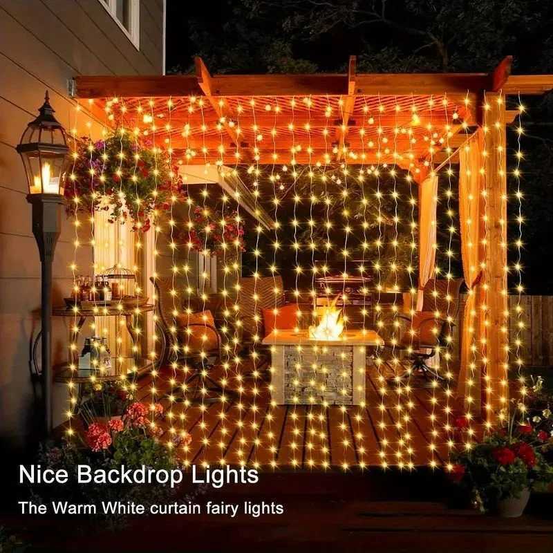 Solar Curtain Light LED Outdoor Waterproof 300leds Garland Decoration String Lights Yard Christmas Fairy Garland String Lights XJ250612