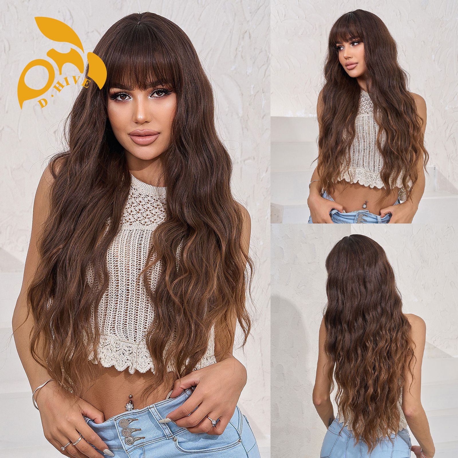 Free shipping Hair Wigs for womans wigs human hair large wave bang long curly hairfull head set women's wig color Dark brown pink Brown highlight