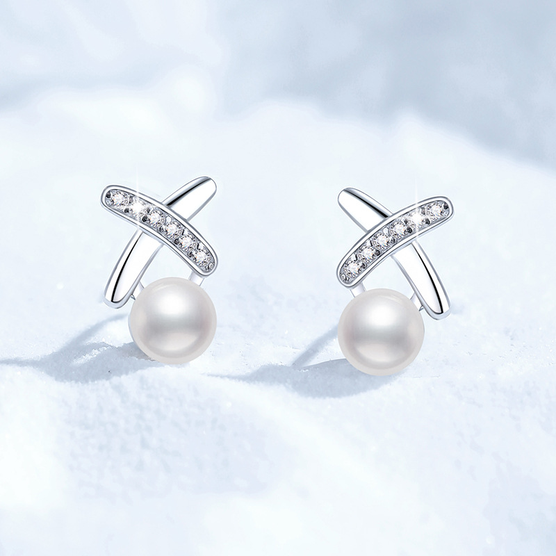 S925 Sterling Silver Earrings, Freshwater Pearl Stud Earrings, Women's Korean Style X-Shape D-Color Moissanite Studs, Fashion High-End Earrings, 