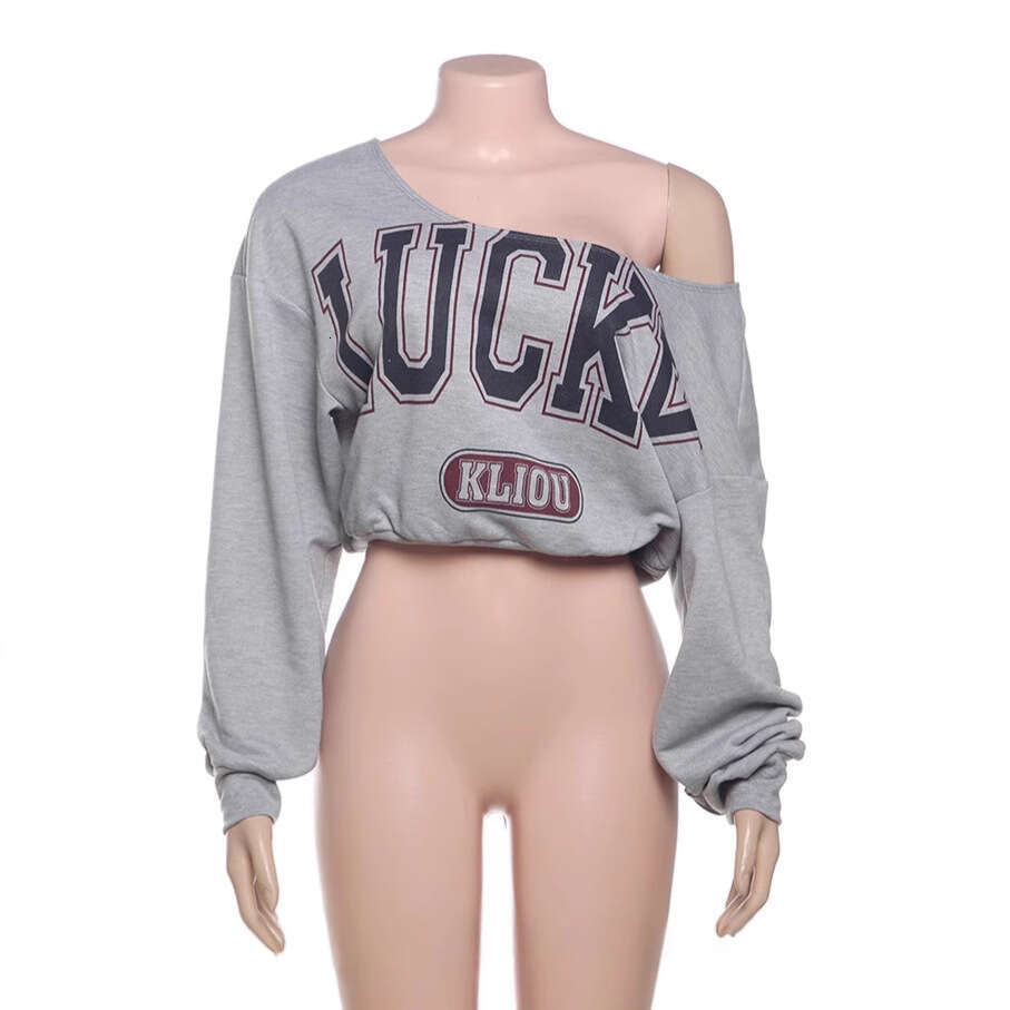 hoodie Women's Wear Women's Fashion Autumn Winter New Style Personality Letter Print Casual Asymmetric Shoulder Loose Cropped Long Sleeve T-