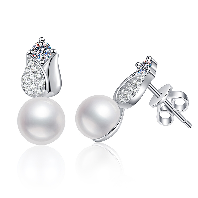 S925 Sterling Silver Earrings, Women's Korean Style Rose Flower Design D-Color 20-Point Moissanite Studs, Freshwater Pearl Earrings, High-End Fas