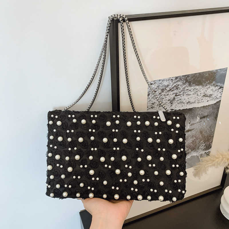 Exquisite Mesh 3d Flower White Pearl Decorated Shoulder Bag Trendy Fashion Metal Chain Square Bag 250615