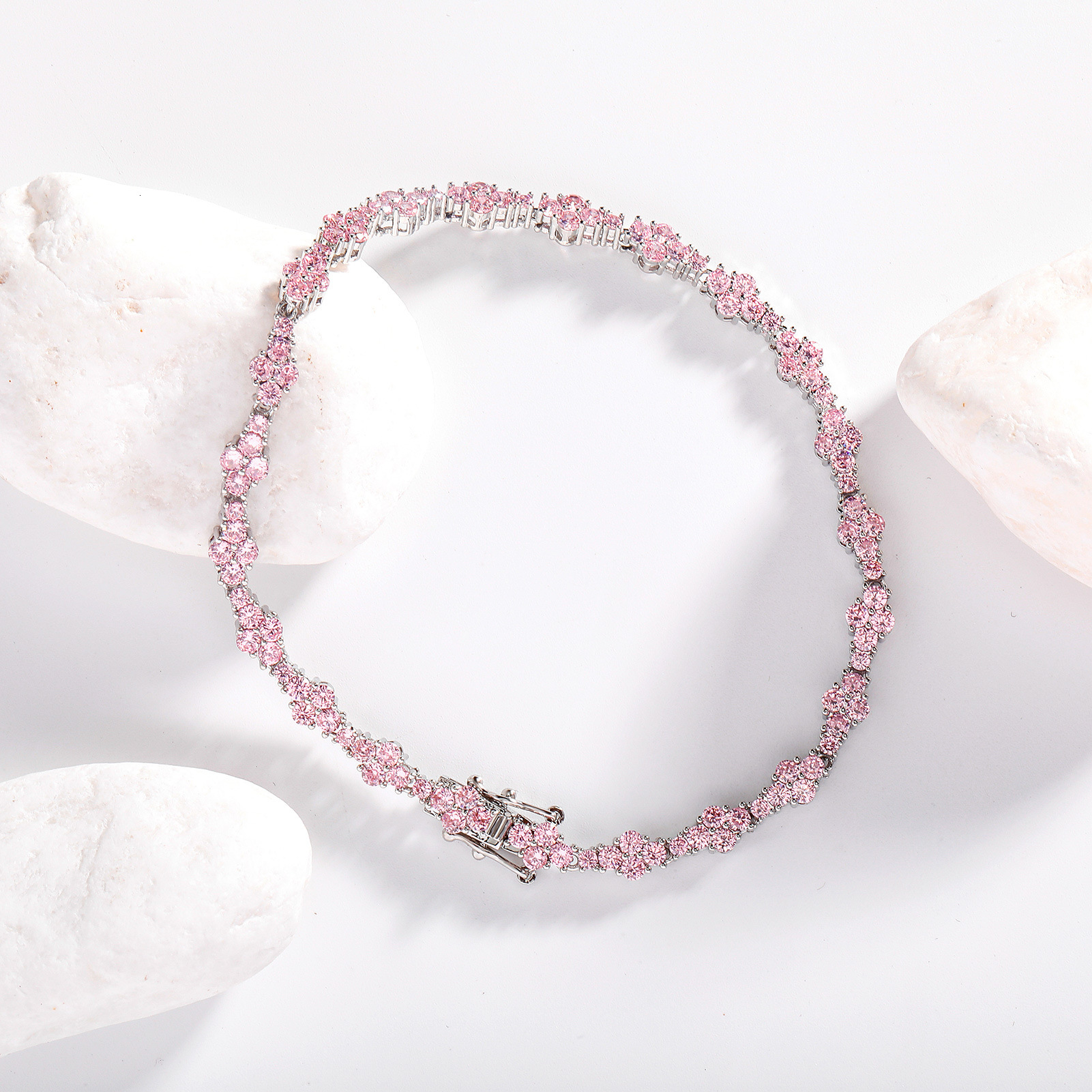 5mm 7/9 Inch Pink Cz Stones Womens Bracelet Anklet Hip Hop Tennis cross Chain Foot Ankle Bracelets Spring Buckle Sparkly Cubic Zircon Diamond Jewelry 