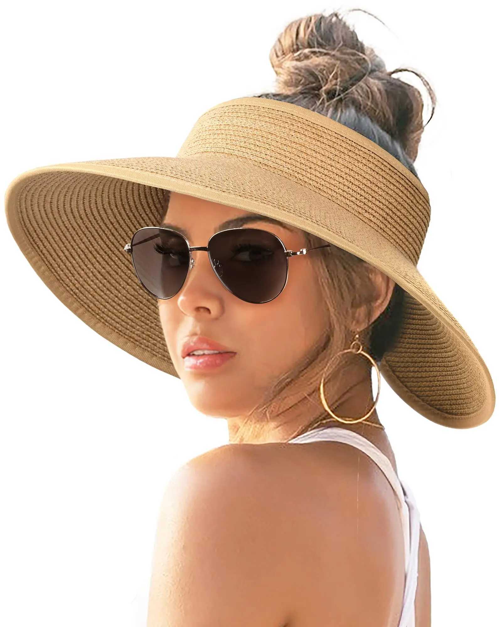 Womens Wide Brim Straw Sun Visor Hat with Ponytail Hole - High UV UPF Protection Packable Foldable - Ideal for Summer Beach U250613